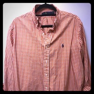 Polo Men’s Orange Button Down Navy Blue Logo XL